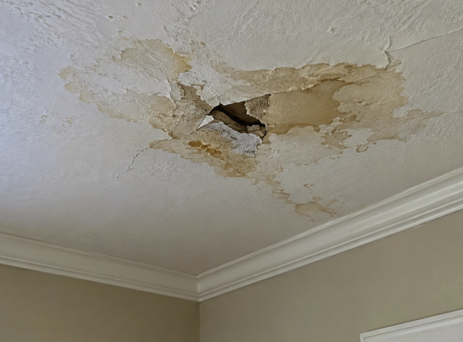 Water-damaged ceiling with a hole and stained, peeling texture