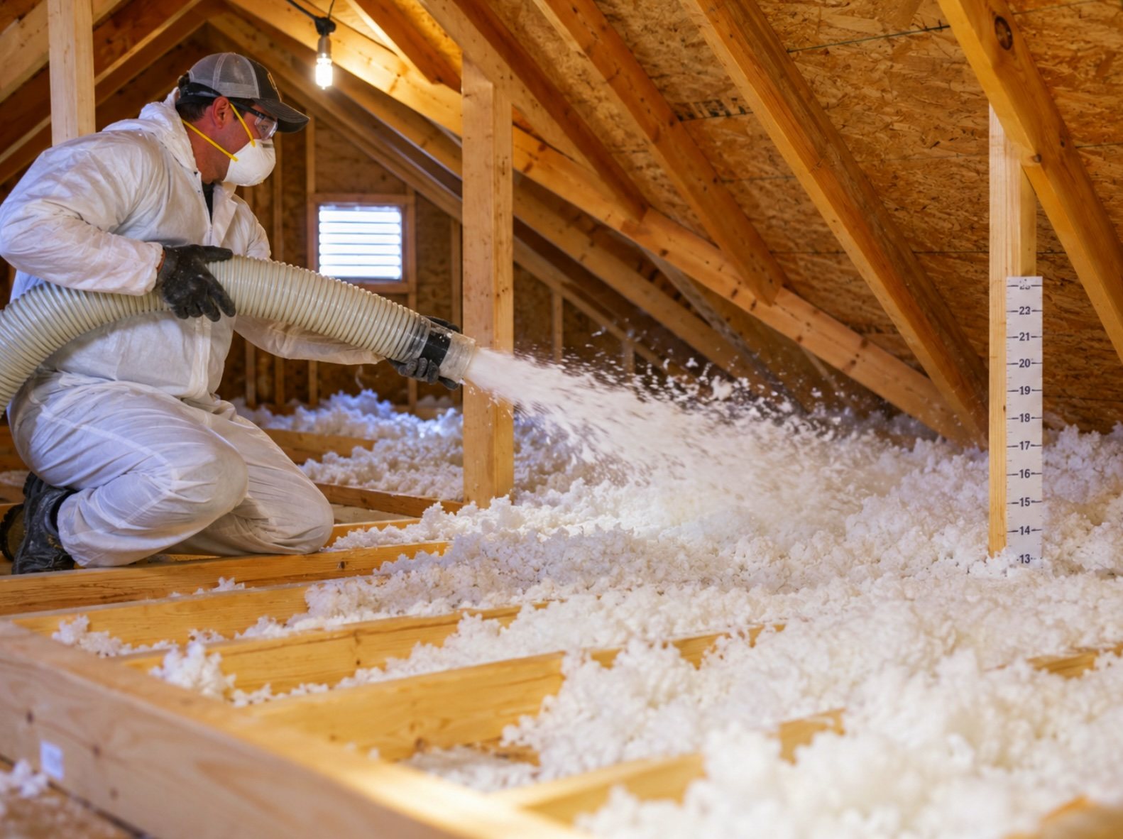 Technician blowing cellulose insulation into a Houston attic to a measured depth