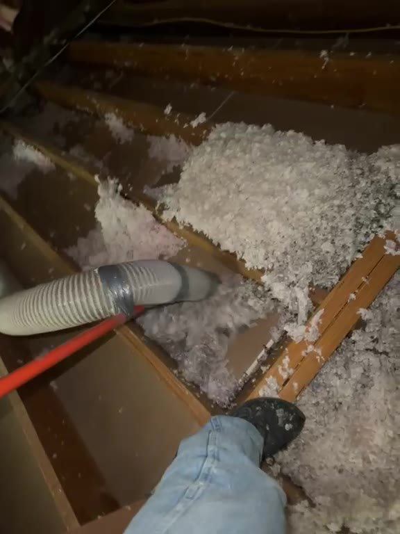 Vacuum hose pulling old attic insulation from between joists