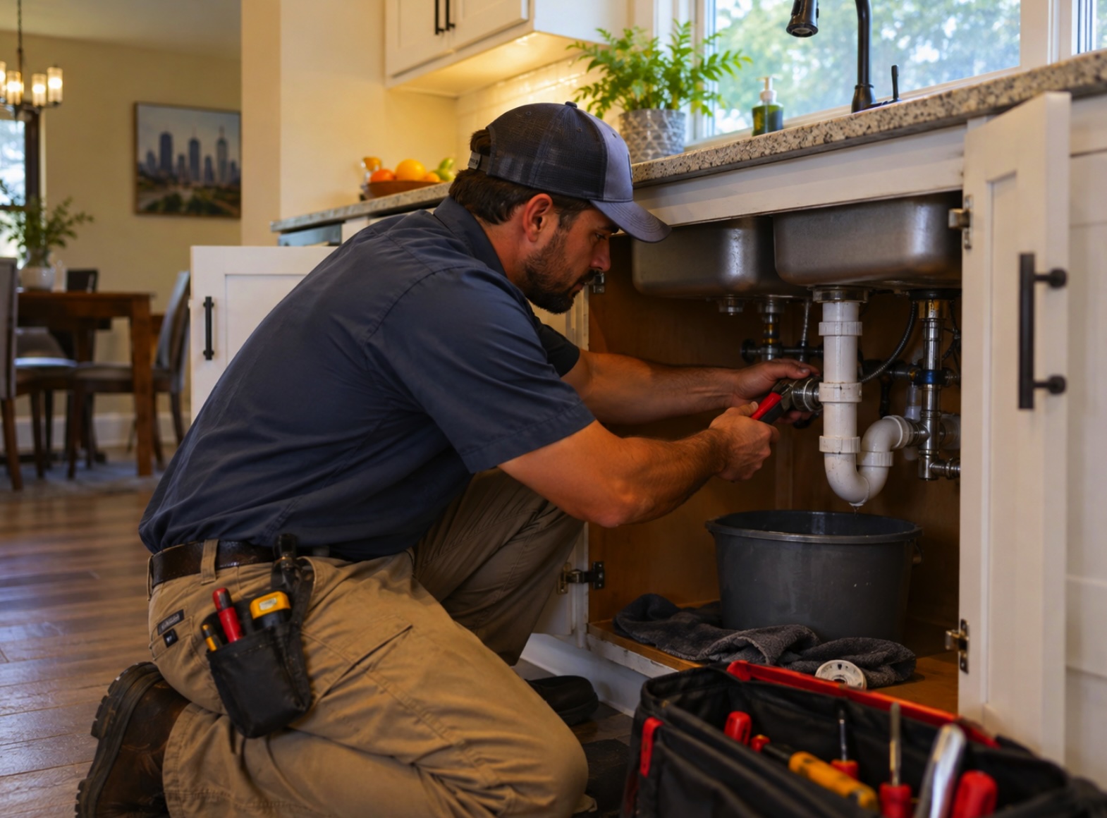Plumber repairing a kitchen sink drain under the cabinet